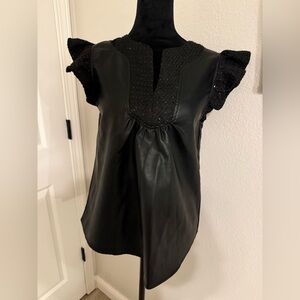 Black Faux Leather Flutter Sleeve Top with Textured Yoke